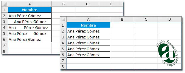 Macro VBA de Excel para quitar espacios, rango A2:A6 con espacios en las celdas